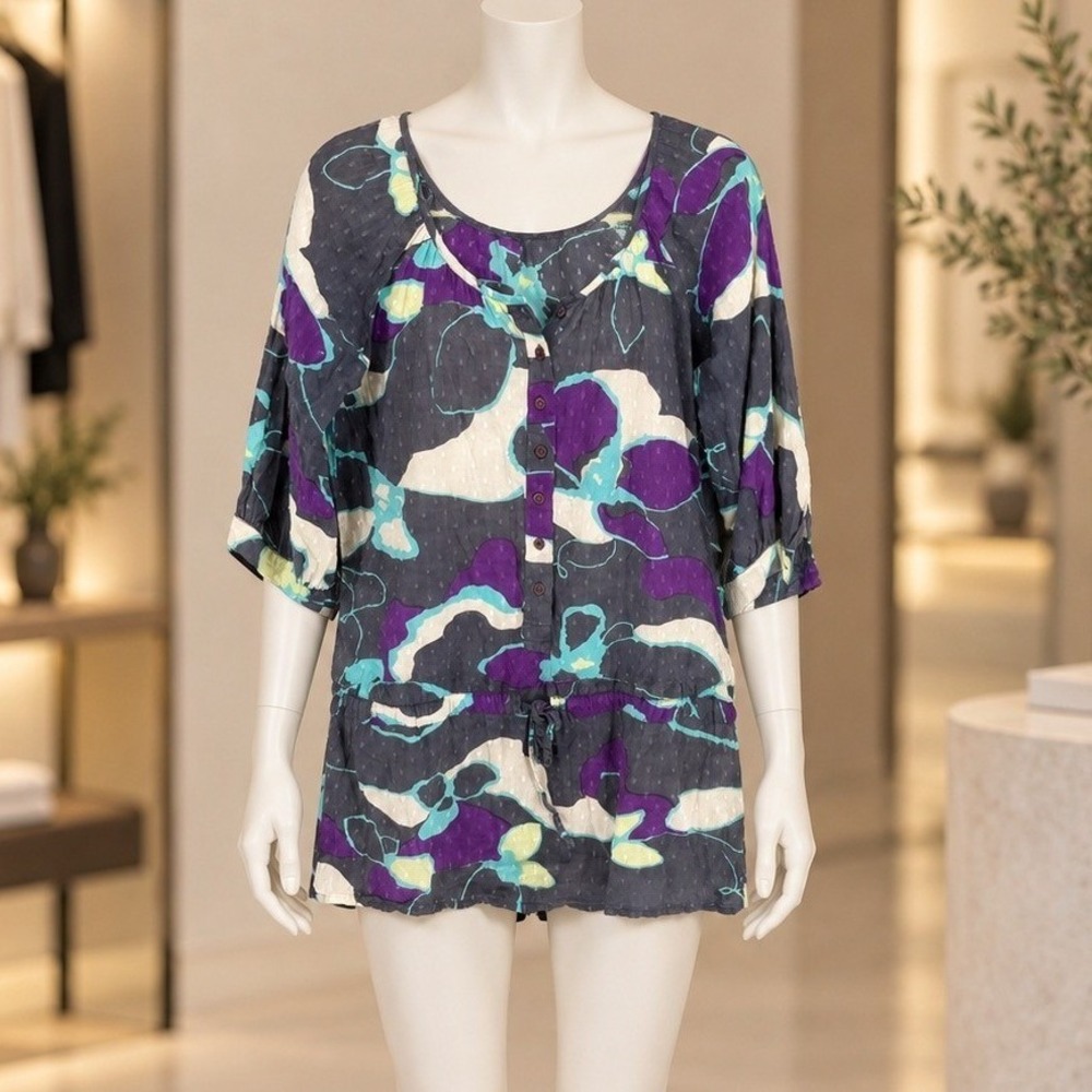 Antik Batik Womens Blouse Abstract Floral Swiss Dot Drop Waist Purple Gray S 38